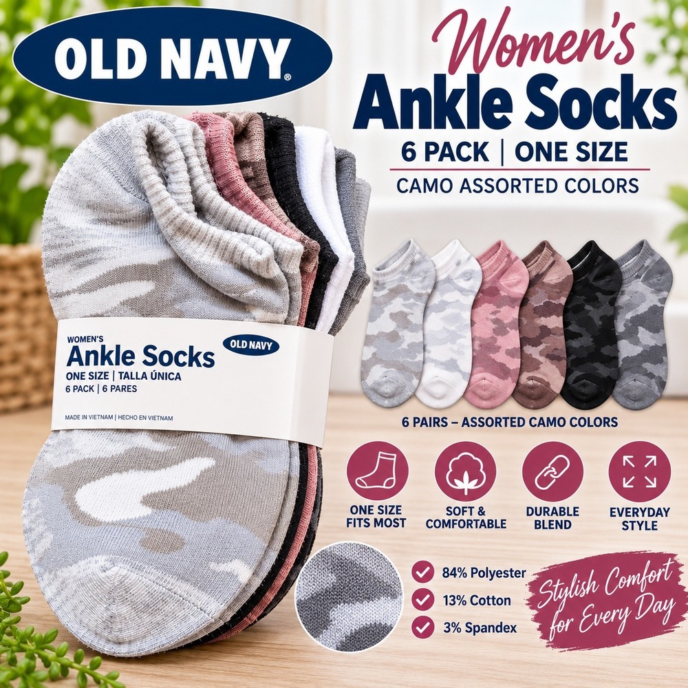 Old Navy Womens Ankle Socks 6 Pack Camo Assorted Colors One Size New